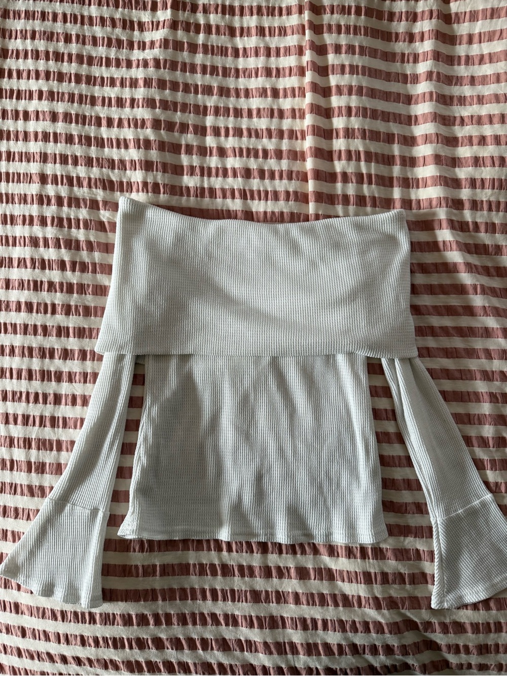 White off the shoulder waffle knit long sleeve
